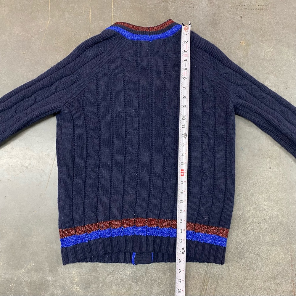 Gucci Cable Knit Cardigan Navy Stripe Trim Lambs Wool Sweater Women’s Large‎ - Picture 8 of 11